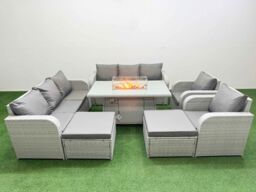 Fimous PE Rattan High Back Lounge Sofa Set Patio Firepit Dining Table & Chairs Set with 3 Seater Sofa Reclining Chair 2 Big Footstool Light Grey - thumbnail 1