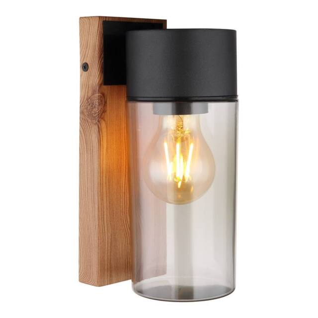Netlighting Etsi Outdoor Wall Lantern Wood Look Dark IP44 Smoke Glass Shade 1x E27 in Brown - image 1