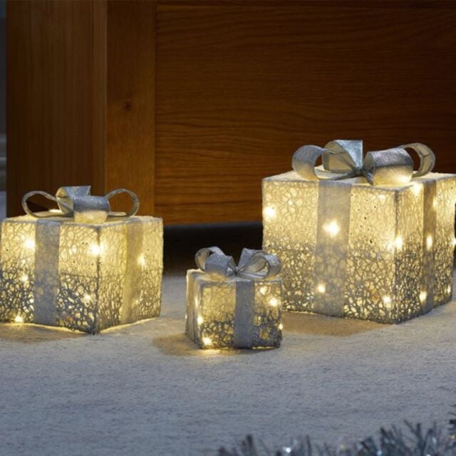 Samuel Alexander Set of 3 Battery Operated Silver Sparkly Christmas Gift Boxes with LEDs - image 1