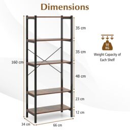 Costway 5-Tier Bookshelf Bookcase Display Rack with Metal Frame-Coffee in Dark Brown - thumbnail 2