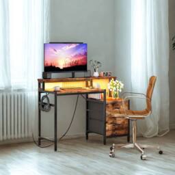 FURNOS Industrial Computer Desk With Drawers, USB Outlets & LED Lights in Brown - thumbnail 2