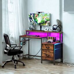 FURNOS Industrial Computer Desk With Drawers, USB Outlets & LED Lights in Brown - thumbnail 4