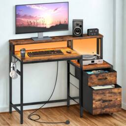 FURNOS Industrial Computer Desk With Drawers, USB Outlets & LED Lights in Brown - thumbnail 1