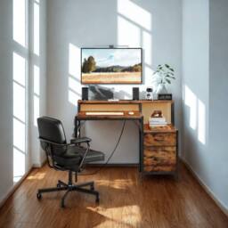 FURNOS Industrial Computer Desk With Drawers, USB Outlets & LED Lights in Brown - thumbnail 3