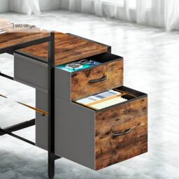 FURNOS Industrial Computer Desk With Drawers, USB Outlets & LED Lights in Brown - thumbnail 5