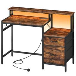 FURNOS Industrial Computer Desk With Drawers, USB Outlets & LED Lights in Brown - thumbnail 6