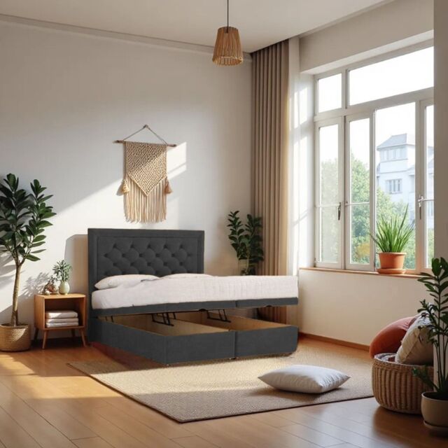 "Knight Sleep Athens Plush Fabric End Opening Ottoman Bed + Mattress & 24"" Headboard in Charcoal - Size: Small Single" - image 1