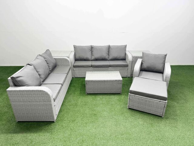 Fimous 8 Seater Poly Rattan Outdoor Garden Furniture Sofa Set Patio 3 Seater Sofa Reclining Chair 3 Seater Sofa Big Footstool 2 Side Table Light Grey - image 1