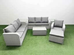 Fimous 8 Seater Poly Rattan Outdoor Garden Furniture Sofa Set Patio 3 Seater Sofa Reclining Chair 3 Seater Sofa Big Footstool 2 Side Table Light Grey - thumbnail 1