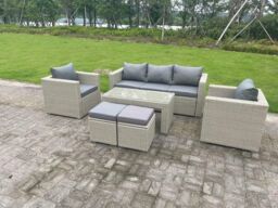 Fimous Wicker Rattan Garden Furniture Sofa Sets Outdoor Patio Coffee Table With Stools Light Grey in Dark Grey - thumbnail 1