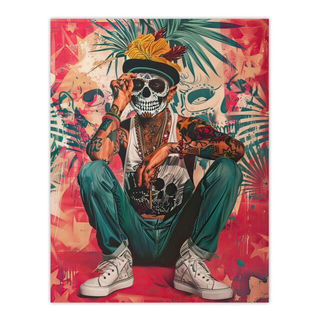 "Artery8 Day of the Dead Portrait Tattoos Street Art Mexican Wall Art Print in Red - Size: W18"" x H24""" - image 1