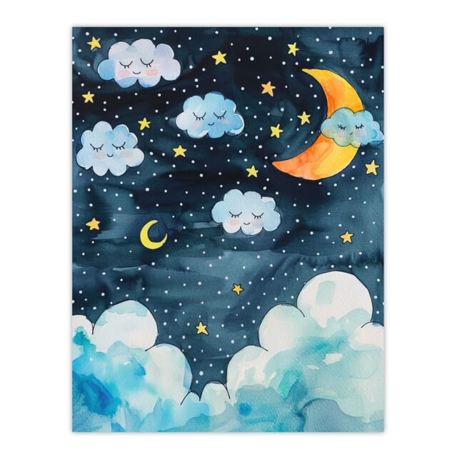 "Artery8 Cute Night Sky Stars Moon & Sleeping Clouds Wall Art Print in Blue - Size: W18"" x H24""" - image 1