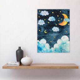 "Artery8 Cute Night Sky Stars Moon & Sleeping Clouds Wall Art Print in Blue - Size: W18"" x H24""" - thumbnail 4