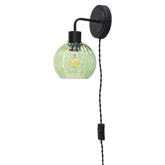 First Choice Lighting Toby - Black Plug in Wall Light with Betchley Green Ribbed Shade - image 1