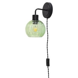 First Choice Lighting Toby - Black Plug in Wall Light with Betchley Green Ribbed Shade