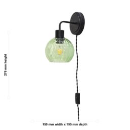 First Choice Lighting Toby - Black Plug in Wall Light with Betchley Green Ribbed Shade - thumbnail 5