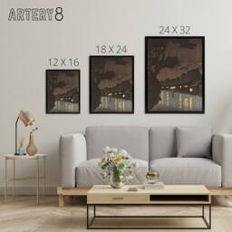 "Artery8 Hasui Rain At Maekawa Sochu Framed Canvas Japanese Wall Art Print in Brown - Size: W12"" x H16""" - thumbnail 4