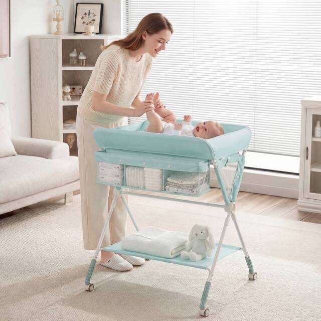 CASART Foldable Baby Diaper Changing Table Nursery Organizer w/Storage Basket in Green - image 1