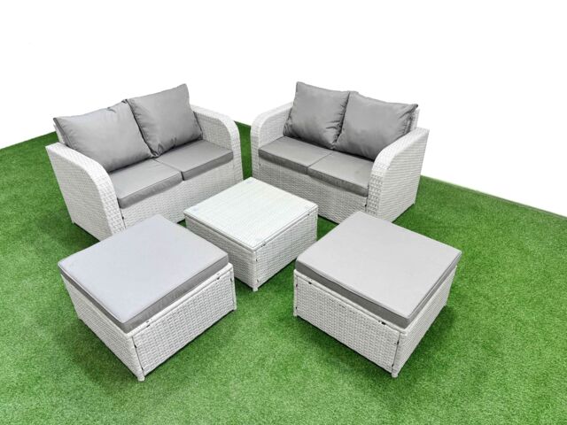 Fimous 6 Seater Outdoor Love Sofa Set Rattan Garden Furniture Set with Square Coffee Table 2 Footstool Light Grey - image 1