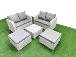 Fimous 6 Seater Outdoor Love Sofa Set Rattan Garden Furniture Set with Square Coffee Table 2 Footstool Light Grey - thumbnail 1