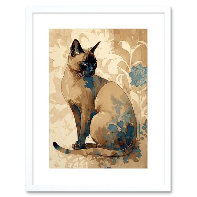 "Artery8 Wall Art Print Tonkinese Cat with Blue Flower Modern Watercolour Artwork Framed 9X7 Inch in White - Size: W7"" x H9""" - image 1