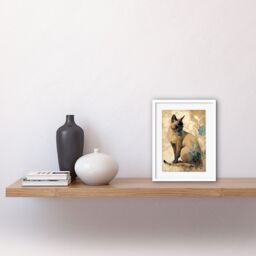 "Artery8 Wall Art Print Tonkinese Cat with Blue Flower Modern Watercolour Artwork Framed 9X7 Inch in White - Size: W7"" x H9""" - thumbnail 2