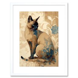 "Artery8 Wall Art Print Tonkinese Cat with Blue Flower Modern Watercolour Artwork Framed 9X7 Inch in White - Size: W7"" x H9""" - thumbnail 1