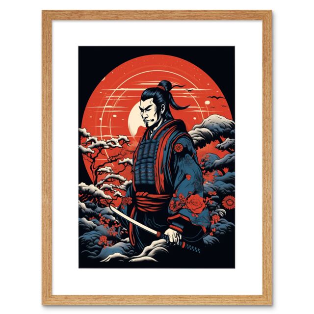 "Artery8 Wall Art Print Samurai Master in Winter Sunset Landscape Rockabilly Americana 50s Artwork Framed 9X7 Inch in Beige - Size: W7"" x H9""" - image 1