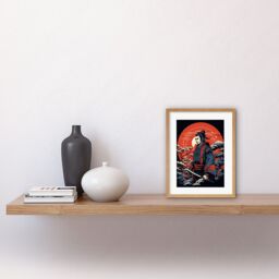 "Artery8 Wall Art Print Samurai Master in Winter Sunset Landscape Rockabilly Americana 50s Artwork Framed 9X7 Inch in Beige - Size: W7"" x H9""" - thumbnail 2