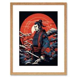 "Artery8 Wall Art Print Samurai Master in Winter Sunset Landscape Rockabilly Americana 50s Artwork Framed 9X7 Inch in Beige - Size: W7"" x H9""" - thumbnail 1