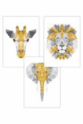 ARTZE Set of 3 Geometric Yellow Grey Jungle Animal Heads Art Posters - Size: W50 cm x H70 cm - thumbnail 1