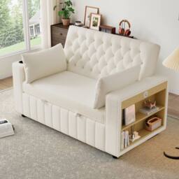 BTM Folding Sofa Bed Storage USB Cup Holders Convertible Sleeper Sofa in Cream - thumbnail 5