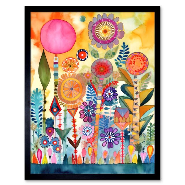 "Artery8 Wall Art Print Garden Flowers In Spring Folk Art Watercolour Painting Art Framed - Size: W12"" x H16""" - image 1