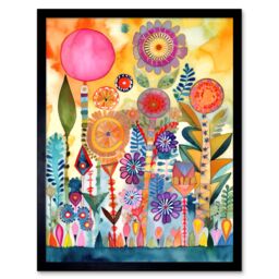"Artery8 Wall Art Print Garden Flowers In Spring Folk Art Watercolour Painting Art Framed - Size: W12"" x H16""" - thumbnail 1