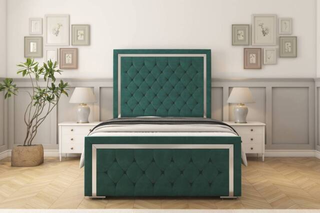 "Sloomy Sofia Chrome Plush Frame-Mattress - 50"" Upholstered Headboard in Emerald - Size: Single" - image 1