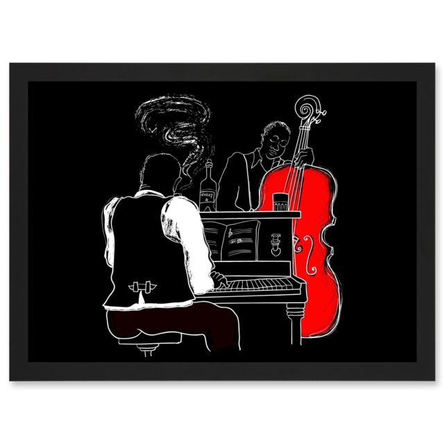 Artery8 Musicians Jazz Piano Illustration Red Bass Bar Music Artwork Framed Wall Art Print A4 in Black - image 1