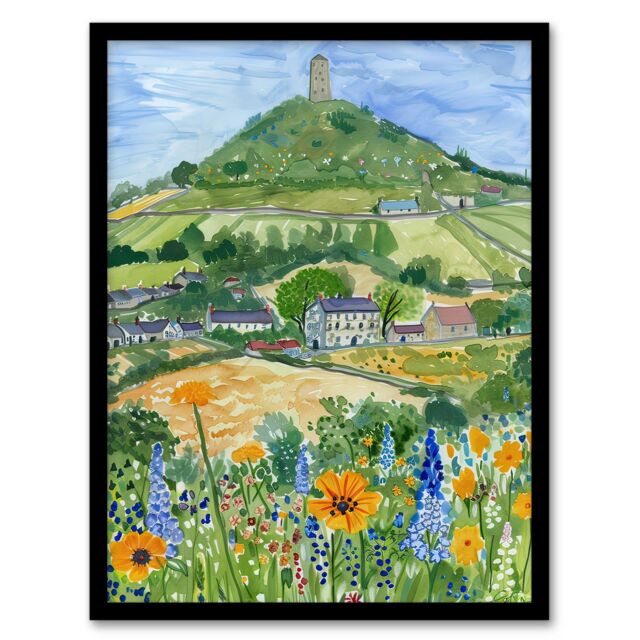 "Artery8 Glastonbury Tor Spring Floral Somerset Painting Framed Art Print in Green - Size: W12"" x H16""" - image 1