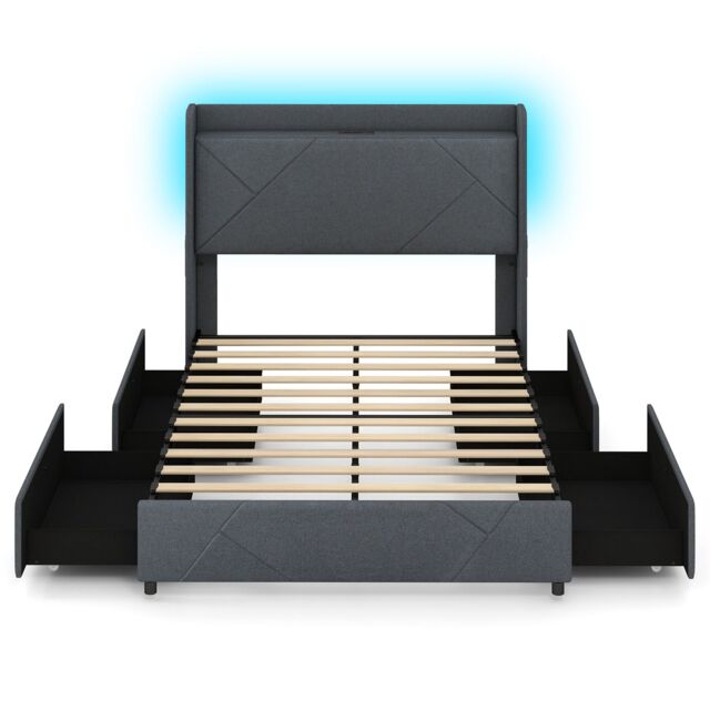 Gymax Double Size Bed Frame Upholstered Platform Bed With LED Lights in Grey - image 1
