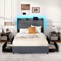 Gymax Double Size Bed Frame Upholstered Platform Bed With LED Lights in Grey - thumbnail 9