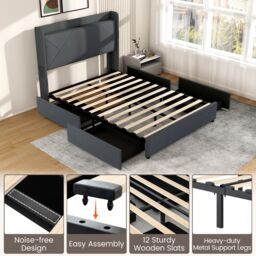 Gymax Double Size Bed Frame Upholstered Platform Bed With LED Lights in Grey - thumbnail 8