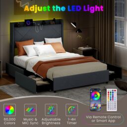 Gymax Double Size Bed Frame Upholstered Platform Bed With LED Lights in Grey - thumbnail 4