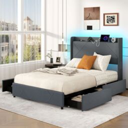 Gymax Double Size Bed Frame Upholstered Platform Bed With LED Lights in Grey - thumbnail 3