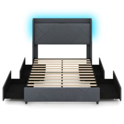 Gymax Double Size Bed Frame Upholstered Platform Bed With LED Lights in Grey - thumbnail 1