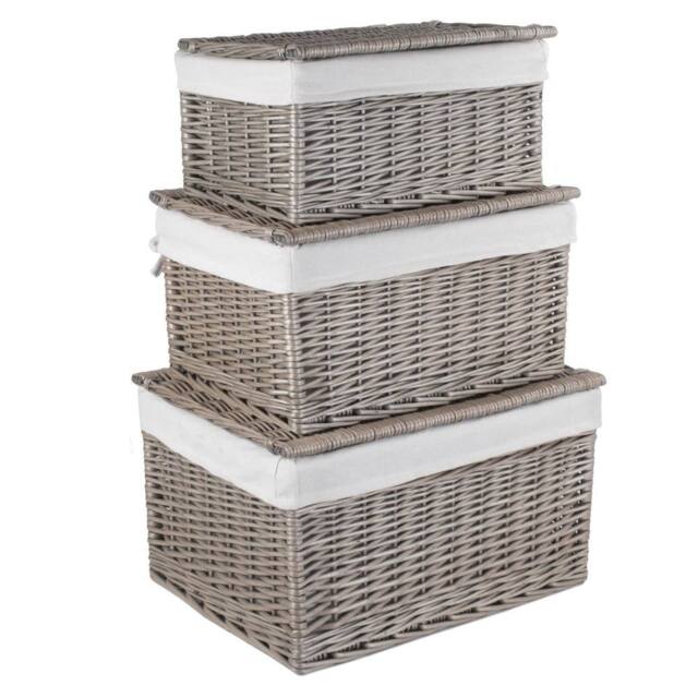 Red Hamper Wicker Set of 3 Small Antique Wash Cotton Lined Storage Basket in Brown - image 1