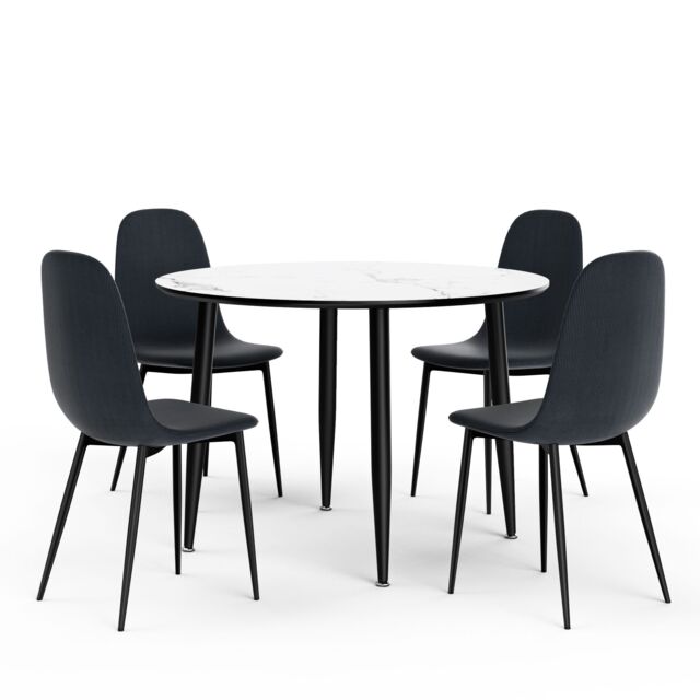 VonHaus Marble Effect Round Dining Table & 4 Chairs Set in White - image 1