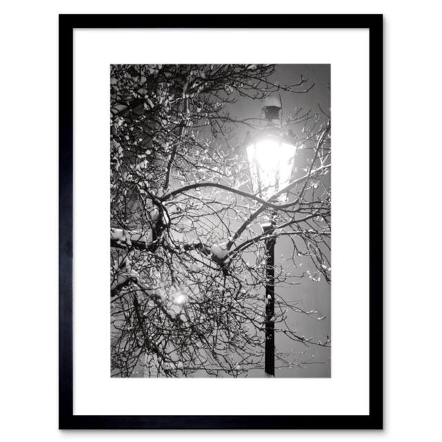 "Artery8 Lone Street Lamp Winter Night Black White 12x16"" Framed Wall Art Print in Grey - Size: W12"" x H16""" - image 1