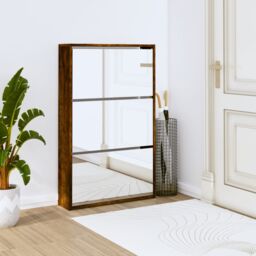Berkfield Home Shoe Cabinet with Mirror 3-Layer Smoked Oak 63x17x102.5 cm in Brown - thumbnail 1