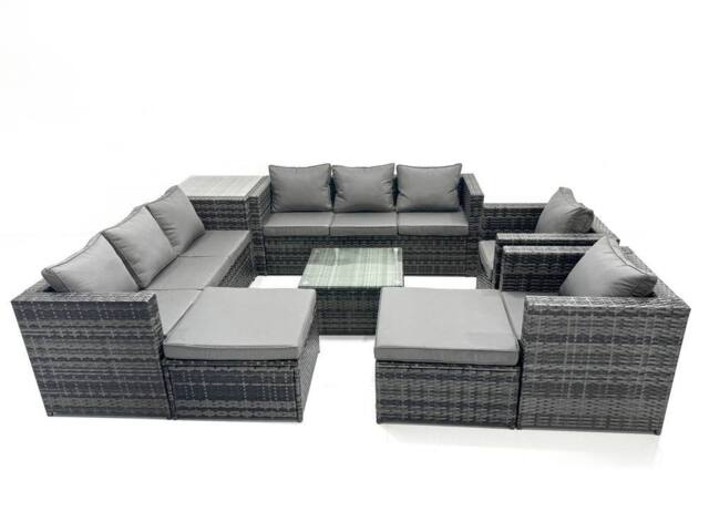 Fimous 10 Seater Patio Lounge Sofa Set with Side Table 2 Big Footstool in Dark Grey - image 1
