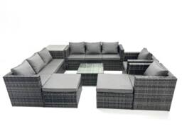 Fimous 10 Seater Patio Lounge Sofa Set with Side Table 2 Big Footstool in Dark Grey - thumbnail 1