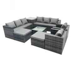 Fimous 10 Seater Patio Lounge Sofa Set with Side Table 2 Big Footstool in Dark Grey - thumbnail 2